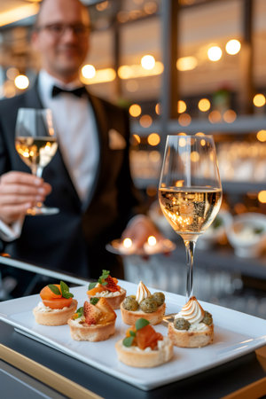 Glass of champagne and delicious pastries served by a waiter during a gala dinnerの素材