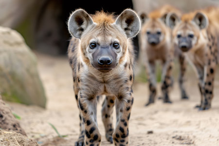 Spotted hyena looking directly at the camera, with other hyenas standing in the backgroundの素材