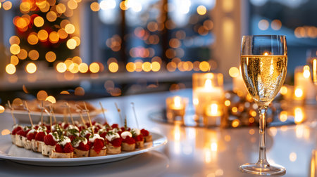 Champagne glass with sparkling bubbles and canapes creating a festive atmosphereの素材
