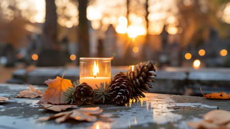 Burning candle with pine cones and autumn leaves on a gravestone, remembering loved onesの素材