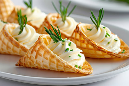 Savory waffle cones filled with whipped cream cheese, chives, and rosemary on a white plateの素材