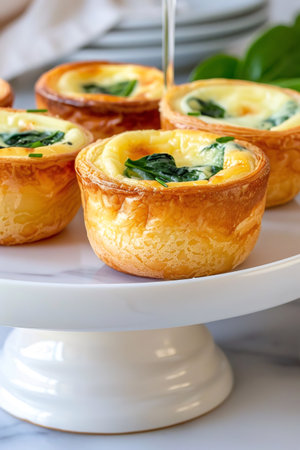 Mini quiches with spinach and egg filling on a white cake standの素材