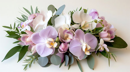 Elegant floral arrangement featuring delicate purple, pink, and white orchid flowers with green leavesの素材