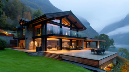 Beautiful chalet in the mountains with glowing lights at dusk, perfect for a relaxing vacationの素材