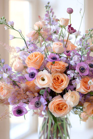 Delicate flower bouquet arranged with pastel roses, anemones, ranunculus, and other floral elementsの素材