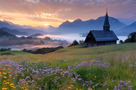 Scenic alpine landscape with a church overlooking a misty valley at sunrise in the Italian Dolomitesの素材