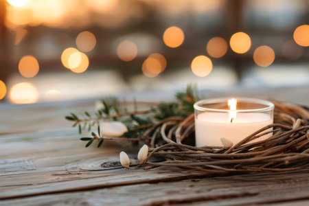 Candle burning inside a rustic twig wreath creating a warm and festive atmosphereの素材