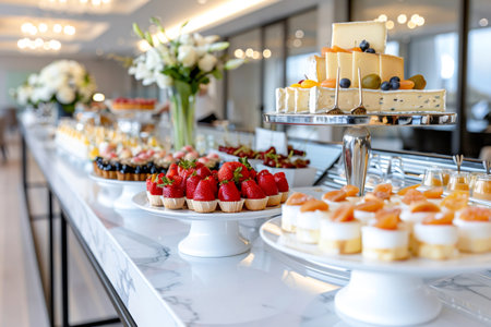 Catering service offering a variety of desserts and cheeses during a business meeting or corporate eventの素材