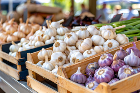 Fresh garlic and onions fill wooden crates at an outdoor farmers market stallの素材