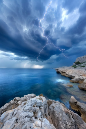 Stormy clouds bringing powerful lightning over the sea with a rugged coastlineの素材