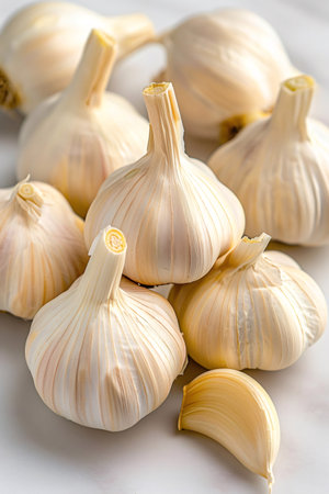 Garlic bulbs and a separated clove on a light surface, symbolizing healthy cooking and flavorの素材
