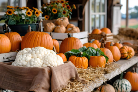 Autumn harvest displaying pumpkins, gourds, and cauliflower at marketの素材