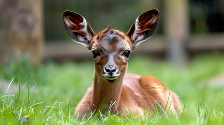 Young deer fawn resting in nature showing innocence and wildlifeの素材