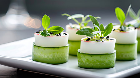 Gourmet appetizers plating fresh cucumber radish canapes with microgreens, elegantly arranged on a white serving dishの素材