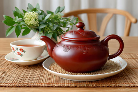 Traditional clay teapot and teacup on a bamboo mat, creating a serene tea ceremony momentの素材