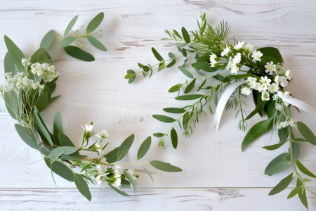Green eucalyptus leaves and white flowers arranging a delicate wedding wreath and boutonniereの素材