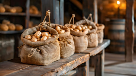 Sacks of organic potatoes resting on a raw wooden bench in a traditional cellarの素材