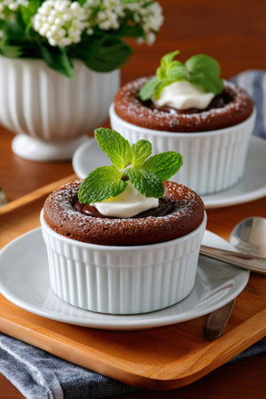 Two individual chocolate souffles topped with fresh mint and whipped cream, served on a wooden trayの素材