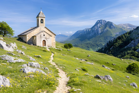 Scenic view of a small church on a mountain slope covered with flowers and grass, with the French Alps in the backgroundの素材