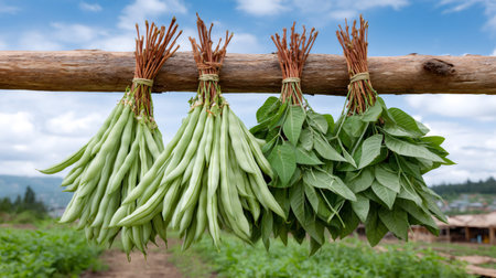 Freshly harvested green beans and cassava leaves bundles hanging to dry in an outdoor rural settingの素材