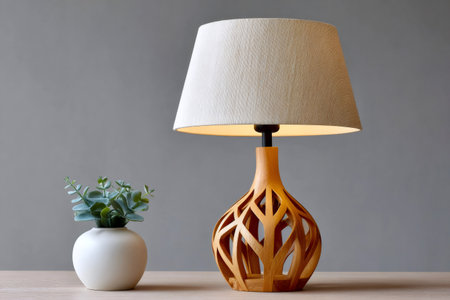 Modern carved wooden table lamp creating warm light next to a small green plantの素材