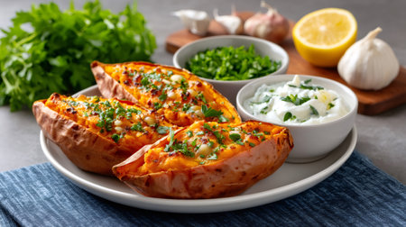 Serving baked sweet potatoes topped with parsley and garlic yogurt sauceの素材