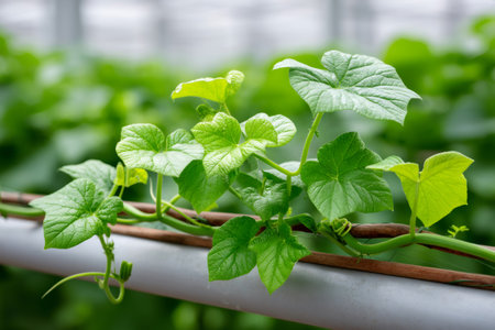 Young green vine plants thriving in a controlled agricultural greenhouse environmentの素材