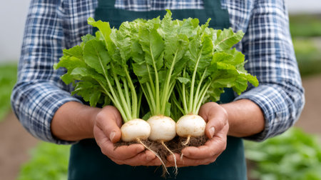 Farmer showing freshly harvested organic turnips with attached soilの素材