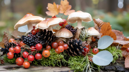 Forest floor arrangement displaying seasonal mushrooms, colorful berries, and pine cones on mossの素材