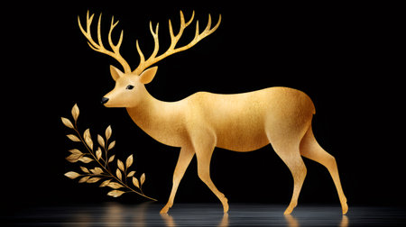 Golden deer standing on a black background with elegant branches, symbolizing luxury and successの素材