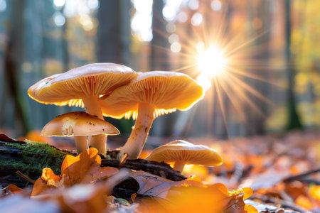 Mushrooms growing on forest floor with autumn leaves as sunlight streams through treesの素材