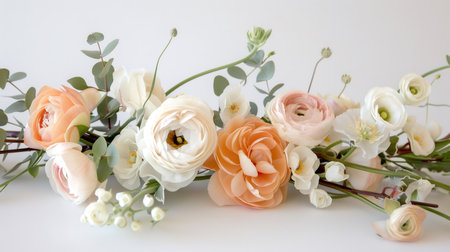 Ranunculus and eucalyptus branches forming a delicate floral composition on a white backgroundの素材