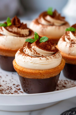 Multiple tiramisu cookie cups topped with cream, cocoa powder, and fresh mint leavesの素材