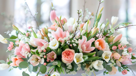 Spring floral arrangement featuring pastel tulips, roses, and eucalyptus leavesの素材