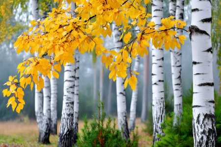 Yellow leaves decorating birch trees in a misty autumn forestの素材