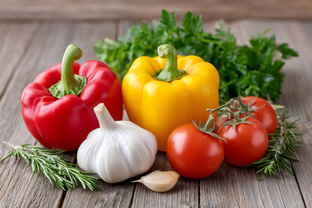 Fresh vegetables and herbs on a rustic wooden table, representing healthy eating and cooking ingredientsの素材