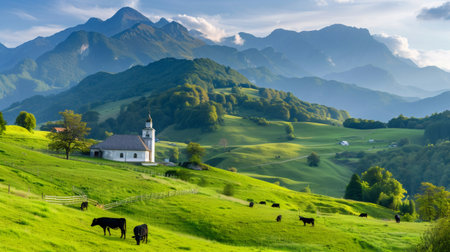 Idyllic landscape featuring cows grazing peacefully near a charming church nestled in the picturesque Slovenian Alps, bathed in the warm glow of the setting sunの素材