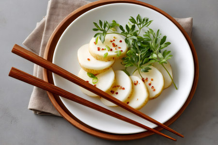 Fresh radish slices topped with chili pepper flakes and herbs, served with chopsticks on a plateの素材