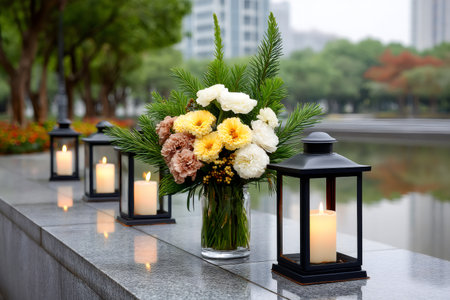 Flower arrangement with candles in black lanterns decorating an outdoor stone ledge by a pondの素材