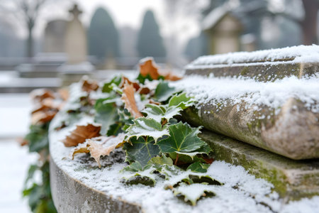 Green ivy and brown leaves covered in fresh snow on an old tombstone in a cold cemeteryの素材