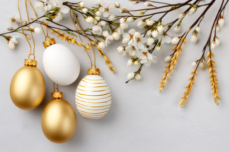 Golden and white Easter eggs hanging on blossoming branches and golden wheatの素材