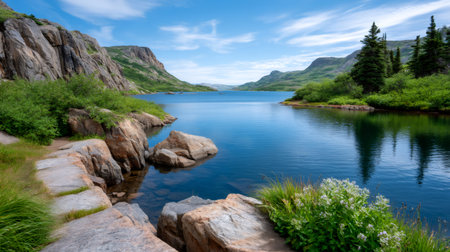 Serene lake water surrounded by rugged mountains and lush green foliage under a clear skyの素材