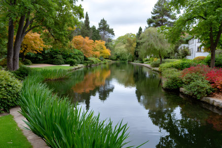 Park reflecting colorful autumn trees and lush greenery on tranquil water under a cloudy skyの素材