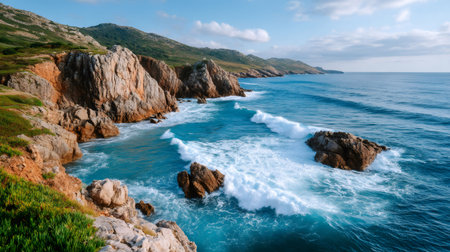 Blue ocean waves breaking against rugged rock formations along a green coastal landscapeの素材