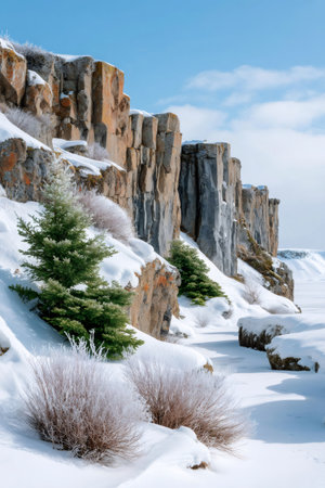Snow and frost covering columnar basalt cliffs, evergreen trees, and frozen vegetation under a blue skyの素材