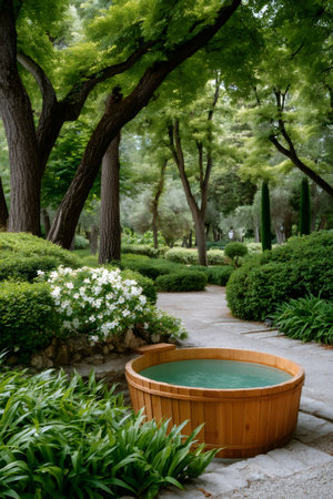 Garden hot tub offering outdoor relaxation and natural spa experienceの素材