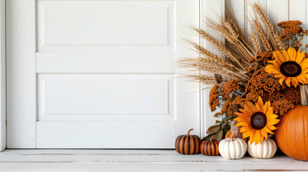 Autumn pumpkins and harvest elements creating a rustic seasonal decorationの素材