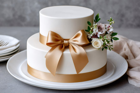 Elegant two-tier cake with white icing, a golden bow, and floral decoration for a celebrationの素材