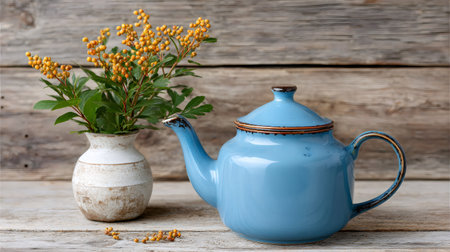 Rustic scene featuring a traditional blue teapot and vase with yellow berries on a wooden backgroundの素材