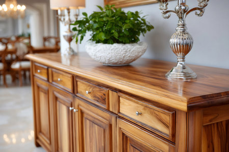 Classic wood sideboard decorated with a plant and candelabra in a luxury dining roomの素材